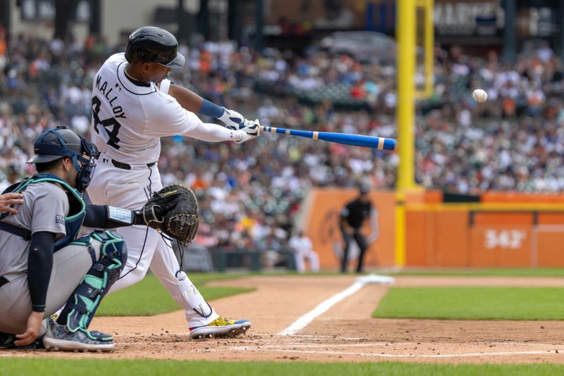 Aug 17, 2024; Detroit, Michigan, USA; Detroit Tigers outfielder Justyn-Henry Malloy (44) hits a ground rule double in the first inning against the New York Yankees at Comerica Park. Mandatory Credit: David Reginek-USA TODAY Sports