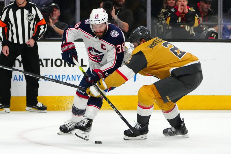 Mar 23, 2024; Las Vegas, Nevada, USA; Vegas Golden Knights defenseman Zach Whitecloud (2) breaks up a scoring attempt during the first period at T-Mobile Arena. Mandatory Credit: Stephen R. Sylvanie-USA TODAY Sports