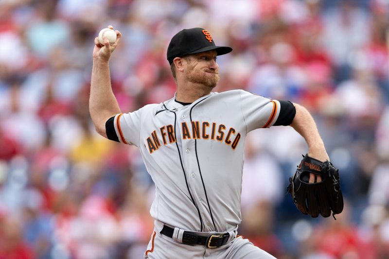 Aug 23, 2023; Philadelphia, Pennsylvania, USA; San Francisco Giants starting pitcher Alex Cobb (38) throws a pitch during the first inning Philadelphia Phillies at Citizens Bank Park. Mandatory Credit: Bill Streicher-USA TODAY Sports