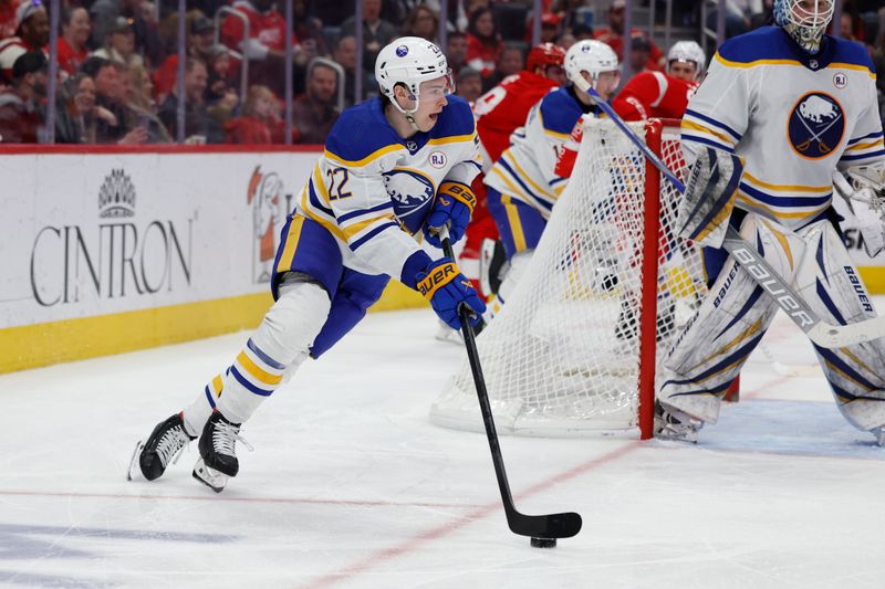 Apr 7, 2024; Detroit, Michigan, USA; Buffalo Sabres right wing Jack Quinn (22) skates with the puck in the second period against the Detroit Red Wings at Little Caesars Arena. Mandatory Credit: Rick Osentoski-USA TODAY Sports