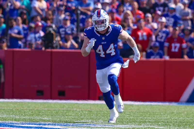 Buffalo Bills linebacker Tyler Matakevich (44) in action during an NFL football game against the Miami Dolphins, Sunday, Oct. 1, 2023, in Orchard Park, N.Y. (AP Photo/Gary McCullough)