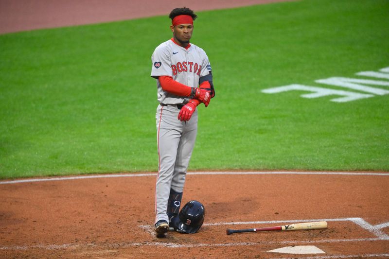 Apr 23, 2024; Cleveland, Ohio, USA; Boston Red Sox shortstop Ceddanne Rafaela (43) stands at the plate after striking out in the third inning against the Cleveland Guardians at Progressive Field. Mandatory Credit: David Richard-USA TODAY Sports