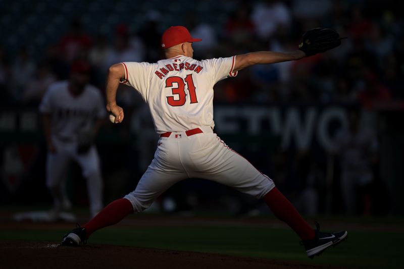 Jun 8, 2024; Anaheim, California, USA;  Los Angeles Angels starting pitcher Tyler Anderson (31) delivers to the plate in the first inning against the Los Angeles Angels at Angel Stadium. Mandatory Credit: Jayne Kamin-Oncea-USA TODAY Sports
