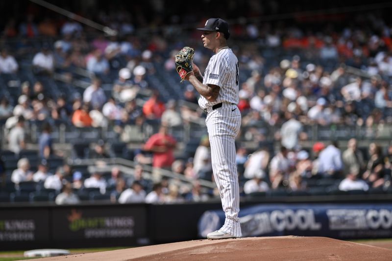 Jun 20, 2024; Bronx, New York, USA; New York Yankees pitcher Luis Gil (81) pitches against the Baltimore Orioles during the first inning at Yankee Stadium. Mandatory Credit: John Jones-USA TODAY Sports