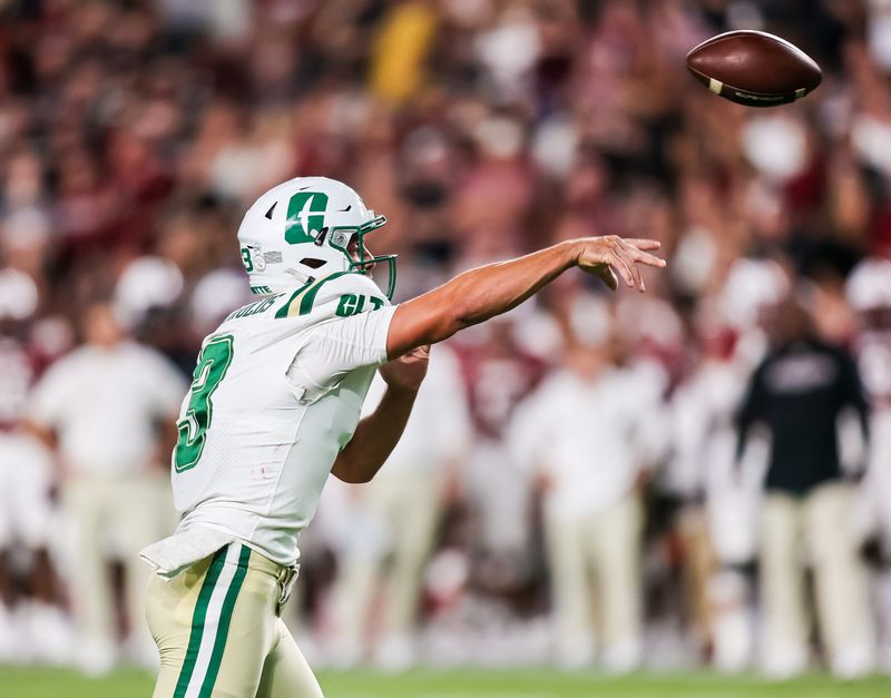 Sep 24, 2022; Columbia, South Carolina, USA; Charlotte 49ers quarterback Chris Reynolds (3) passes against the South Carolina Gamecocks in the first quarter at Williams-Brice Stadium. Mandatory Credit: Jeff Blake-USA TODAY Sports