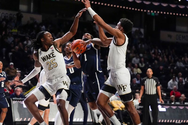 Dec 17, 2025; Winston-Salem, North Carolina, USA;  Longwood Lancers guard Jacoi Hutchinson (1) goes to the basket against Wake Forest Demon Deacons forward Tre'Von Spillers (25) and guard Sebastian Akins (10) during the second half at Lawrence Joel Veterans Memorial Coliseum. Mandatory Credit: Jim Dedmon-Imagn Images