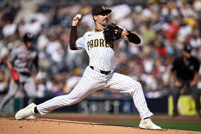 Jul 13, 2024; San Diego, California, USA; San Diego Padres starting pitcher Dylan Cease (84) pitches against the Atlanta Braves during the first inning at Petco Park. Mandatory Credit: Orlando Ramirez-USA TODAY Sports 