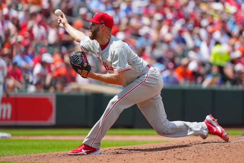 Jun 16, 2024; Baltimore, Maryland, USA; Philadelphia Phillies pitcher Zach Wheeler (45) delivers a pitch against the Baltimore Orioles during the fourth inning at Oriole Park at Camden Yards. Mandatory Credit: Gregory Fisher-USA TODAY Sports