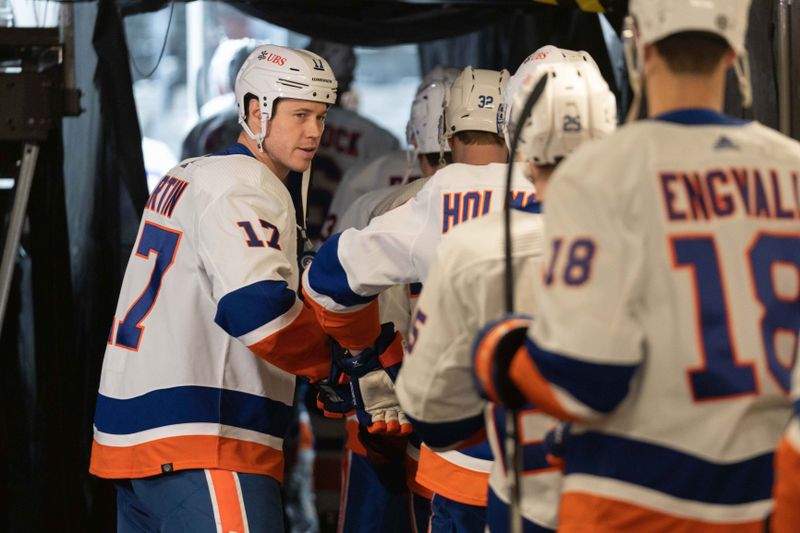 Mar 7, 2024; San Jose, California, USA; New York Islanders left wing Matt Martin (17) greets his teammates before the start of warmups against the San Jose Sharks at SAP Center at San Jose. Mandatory Credit: Stan Szeto-USA TODAY Sports