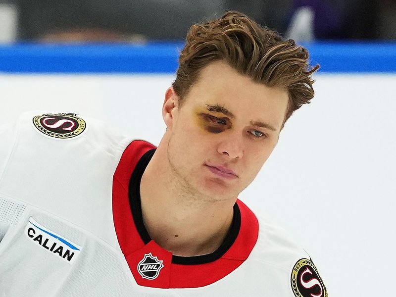 Nov 12, 2024; Toronto, Ontario, CAN; Ottawa Senators center Tim Stutzle (18) skates during the warmup against the Toronto Maple Leafs at Scotiabank Arena. Mandatory Credit: Nick Turchiaro-Imagn Images