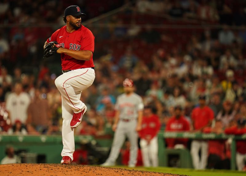 Jun 1, 2023; Boston, Massachusetts, USA; Boston Red Sox relief pitcher Kenley Jansen (74) throws a pitch against the Cincinnati Reds in the ninth inning at Fenway Park. Mandatory Credit: David Butler II-USA TODAY Sports