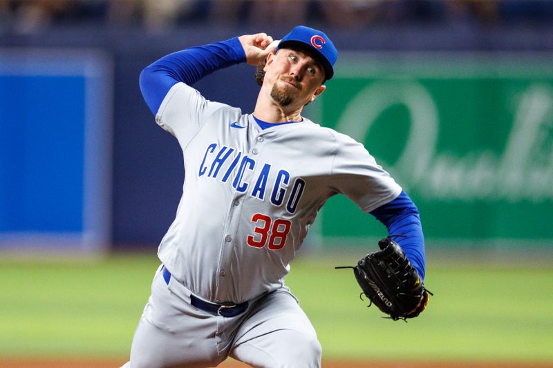 Jun 13, 2024; St. Petersburg, Florida, USA;  Chicago Cubs pitcher Mark Leiter Jr. (38) throws a pitch against the Tampa Bay Rays in the seventh inning at Tropicana Field. Mandatory Credit: Nathan Ray Seebeck-USA TODAY Sports