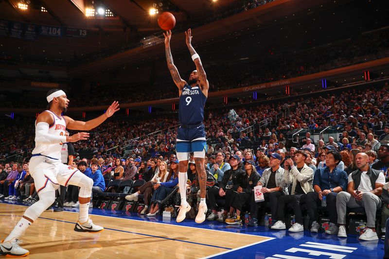 NEW YORK, NY - OCTOBER 13: Nickeil Alexander-Walker #9 of the Minnesota Timberwolves shoots a three point basket during the game on October 13, 2024 at Madison Square Garden in New York City, New York.  NOTE TO USER: User expressly acknowledges and agrees that, by downloading and or using this photograph, User is consenting to the terms and conditions of the Getty Images License Agreement. Mandatory Copyright Notice: Copyright 2024 NBAE  (Photo by David L. Nemec/NBAE via Getty Images)