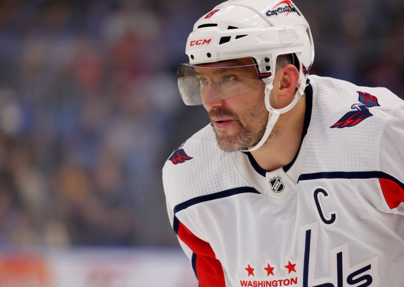 Apr 11, 2024; Buffalo, New York, USA;  Washington Capitals left wing Alex Ovechkin (8) waits for the face-off during the first period against the Buffalo Sabres at KeyBank Center. Mandatory Credit: Timothy T. Ludwig-USA TODAY Sports