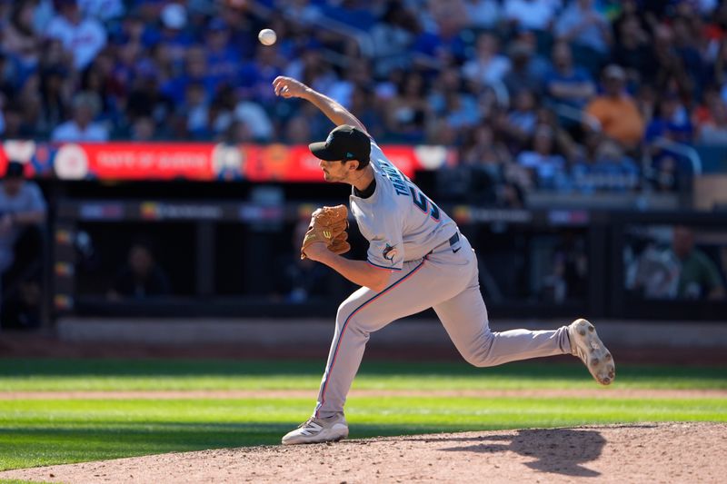 Aug 31, 2025; New York City, New York, USA; Miami Marlins pitcher Freddy Tarnok (56) delivers a pitch against the New York Mets during the ninth inning at Citi Field. Mandatory Credit: Gregory Fisher-Imagn Images