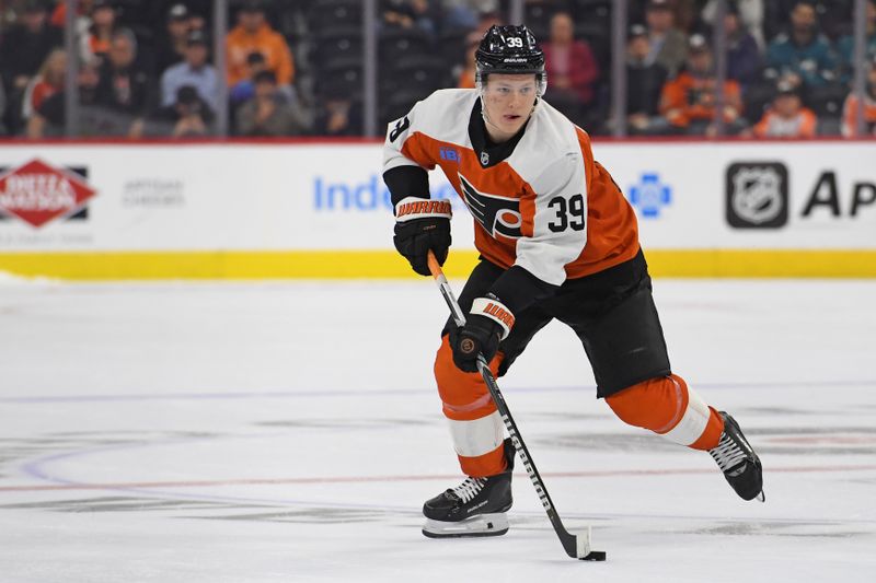 Nov 11, 2024; Philadelphia, Pennsylvania, USA; Philadelphia Flyers right wing Matvei Michkov (39) against the San Jose Sharks during the shootout period at Wells Fargo Center. Mandatory Credit: Eric Hartline-Imagn Images