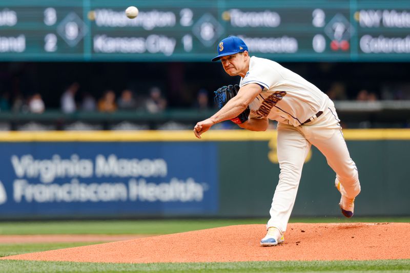 May 28, 2023; Seattle, Washington, USA; Seattle Mariners starting pitcher Marco Gonzales (7) throws against the Pittsburgh Pirates during the first inning at T-Mobile Park. Mandatory Credit: Joe Nicholson-USA TODAY Sports