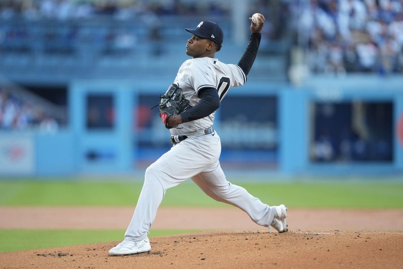 Jun 2, 2023; Los Angeles, California, USA; New York Yankees starting pitcher Luis Severino (40) throws in the first inning against the Los Angeles Dodgers at Dodger Stadium. Mandatory Credit: Kirby Lee-USA TODAY Sports