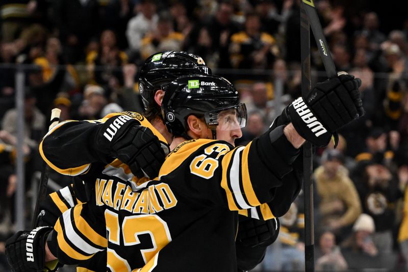 Feb 25, 2025; Boston, Massachusetts, USA; Boston Bruins left wing Brad Marchand (63) celebrates with center Elias Lindholm (28) after scoring a goal against the Toronto Maple Leafs during the first period at the TD Garden. Mandatory Credit: Brian Fluharty-Imagn Images