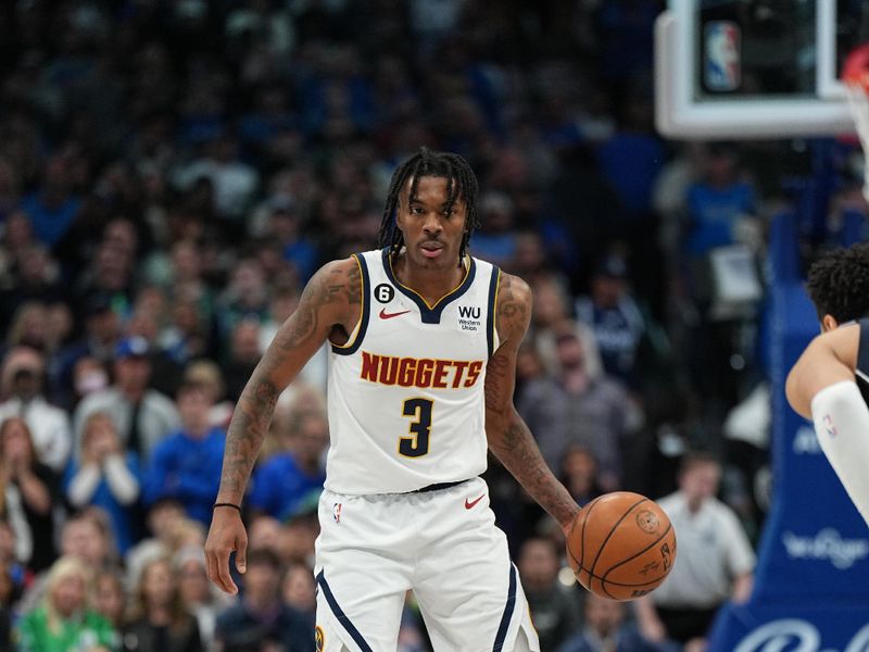 DALLAS, TX - NOVEMBER 20: Bones Hyland #3 of the Denver Nuggets dribbles the ball during the game against the Dallas Mavericks on November 20, 2022 at the American Airlines Center in Dallas, Texas. NOTE TO USER: User expressly acknowledges and agrees that, by downloading and or using this photograph, User is consenting to the terms and conditions of the Getty Images License Agreement. Mandatory Copyright Notice: Copyright 2022 NBAE (Photo by Glenn James/NBAE via Getty Images)