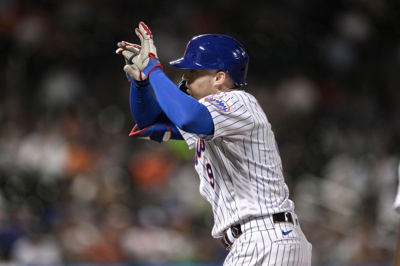 Aug 29, 2023; New York City, New York, USA; New York Mets center fielder Brandon Nimmo (9) reacts after beating out an infield single during the sixth inning against the Texas Rangers at Citi Field. Mandatory Credit: John Jones-USA TODAY Sports