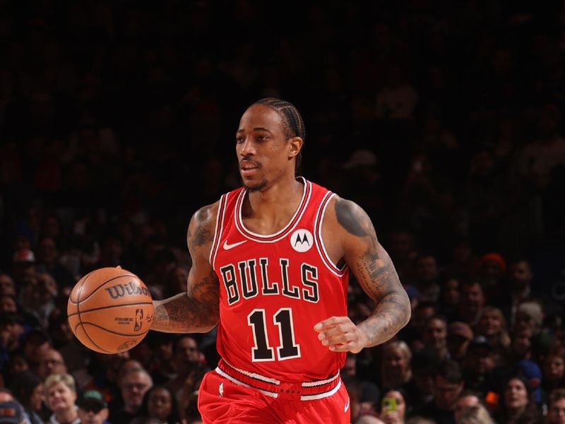 NEW YORK, NY - JANUARY 3: DeMar DeRozan #11 of the Chicago Bulls brings the ball up court against the New York Knicks on January 3, 2024 at Madison Square Garden in New York City, New York.  NOTE TO USER: User expressly acknowledges and agrees that, by downloading and or using this photograph, User is consenting to the terms and conditions of the Getty Images License Agreement. Mandatory Copyright Notice: Copyright 2024 NBAE  (Photo by Nathaniel S. Butler/NBAE via Getty Images)