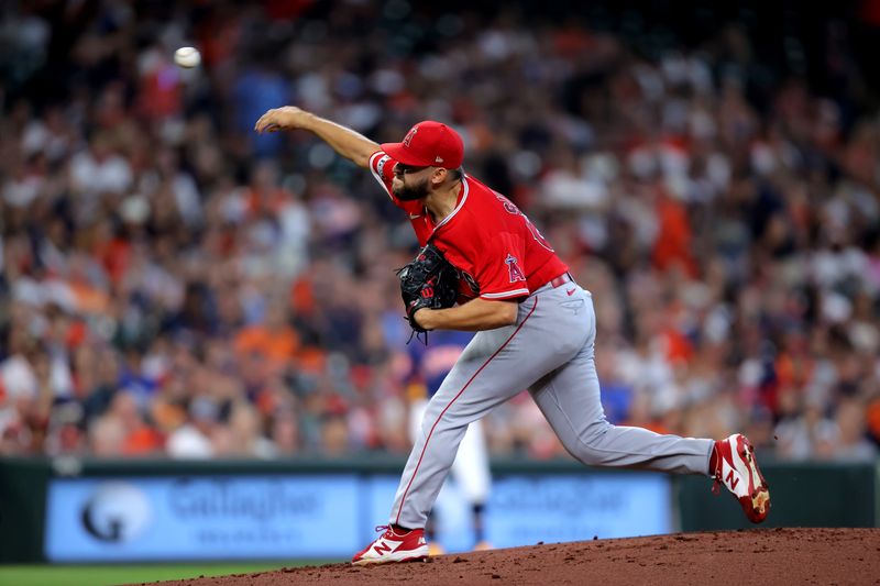 Aug 13, 2023; Houston, Texas, USA; Los Angeles Angels starting pitcher Chase Silseth (63) delivers a pitch against the Houston Astros during the first inning at Minute Maid Park. Mandatory Credit: Erik Williams-USA TODAY Sports