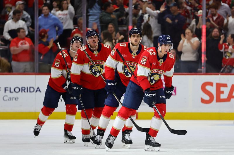 Nov 7, 2024; Sunrise, Florida, USA; Florida Panthers left wing Tomas Nosek (92) looks on after scoring against the Nashville Predators during the third period at Amerant Bank Arena. Mandatory Credit: Sam Navarro-Imagn Images