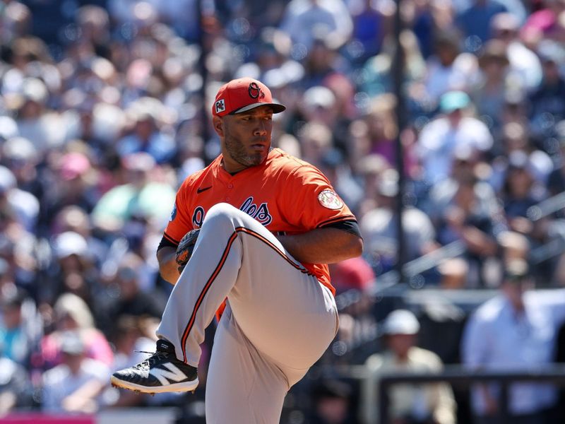 Mar 11, 2025; Tampa, Florida, USA; Baltimore Orioles pitcher Albert Suarez (49) throws a pitch against the New York Yankees in the second inning during spring training at George M. Steinbrenner Field. Mandatory Credit: Nathan Ray Seebeck-Imagn Images