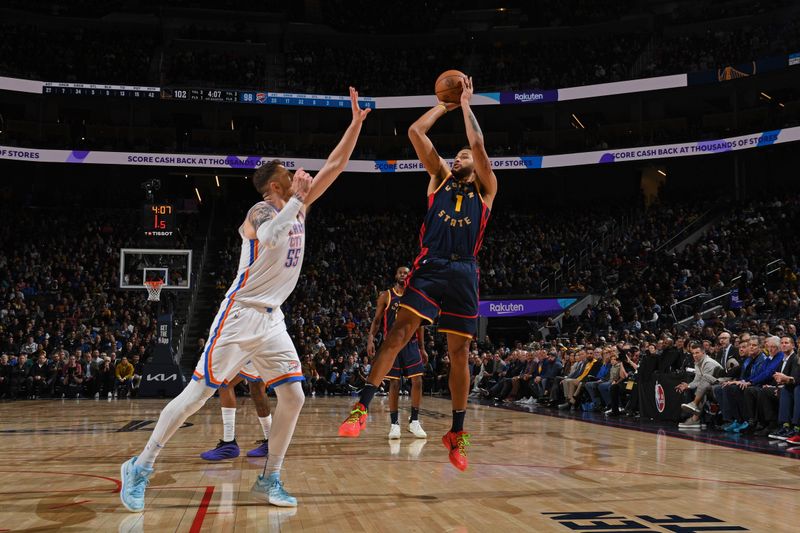 SAN FRANCISCO, CA - JANUARY 29:  Kyle Anderson #1 of the Golden State Warriors shoots the ball during the game against the Oklahoma City Thunder on January 29, 2025 at Chase Center in San Francisco, California. NOTE TO USER: User expressly acknowledges and agrees that, by downloading and or using this photograph, user is consenting to the terms and conditions of Getty Images License Agreement. Mandatory Copyright Notice: Copyright 2025 NBAE (Photo by Noah Graham/NBAE via Getty Images)