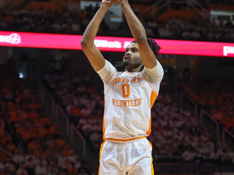 Feb 24, 2024; Knoxville, Tennessee, USA; Tennessee Volunteers forward Jonas Aidoo (0) shoots the ball against the Texas A&M Aggies during the second half at Thompson-Boling Arena at Food City Center. Mandatory Credit: Randy Sartin-USA TODAY Sports