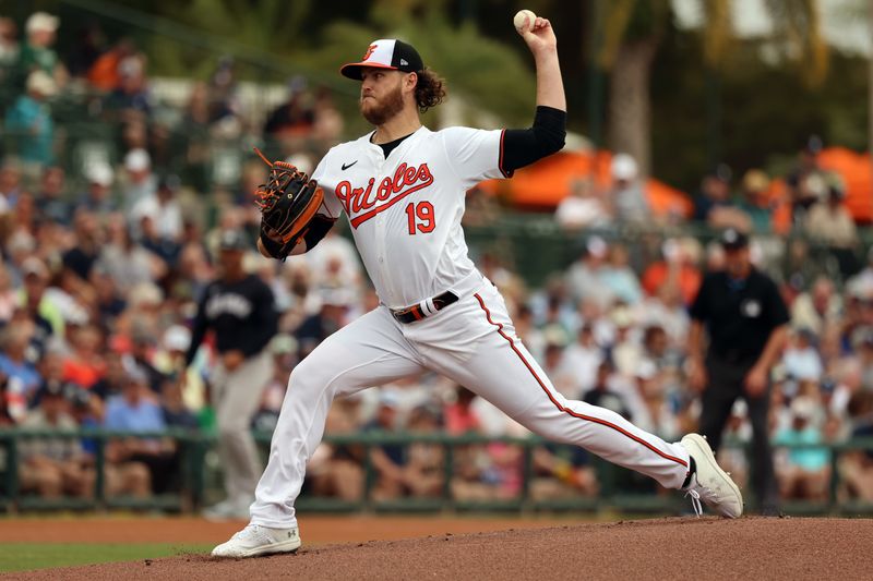 Mar 2, 2024; Sarasota, Florida, USA; Baltimore Orioles starting pitcher Cole Irvin (19) throws a pitch during the first inning against the New York Yankees at Ed Smith Stadium. Mandatory Credit: Kim Klement Neitzel-USA TODAY Sports