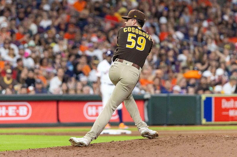 Sep 9, 2023; Houston, Texas, USA; San Diego Padres relief pitcher Tom Cosgrove (59) pitches against the Houston Astros in the sixth inning at Minute Maid Park. Mandatory Credit: Thomas Shea-USA TODAY Sports