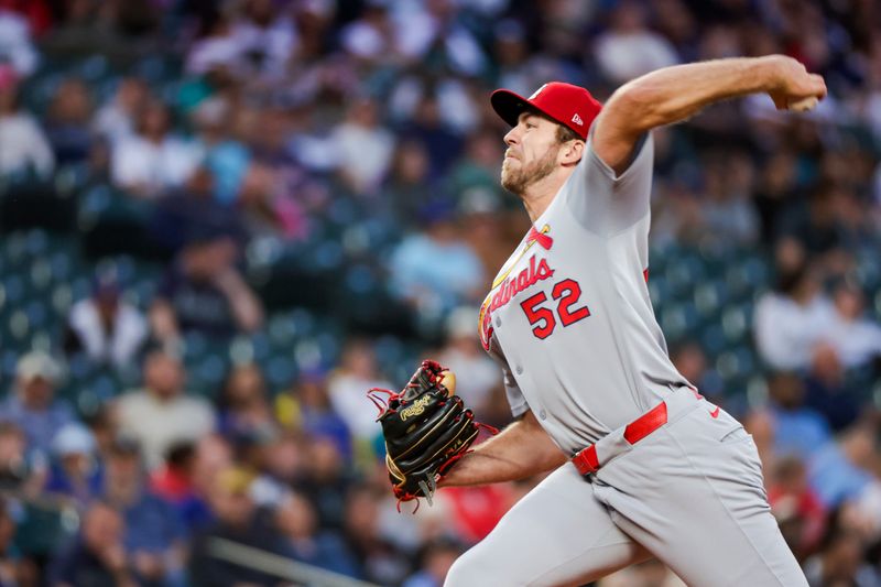Sep 9, 2025; Seattle, Washington, USA; St. Louis Cardinals starting pitcher Matthew Liberatore (52) throws against the Seattle Mariners during the third inning at T-Mobile Park. Mandatory Credit: Joe Nicholson-Imagn Images