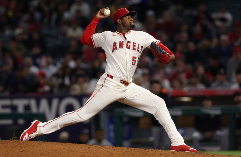 May 2, 2025; Anaheim, California, USA; Los Angeles Angels pitcher Jose Soriano (59) throws during the fifth inning against the Detroit Tigers at Angel Stadium. Mandatory Credit: Jason Parkhurst-Imagn Images