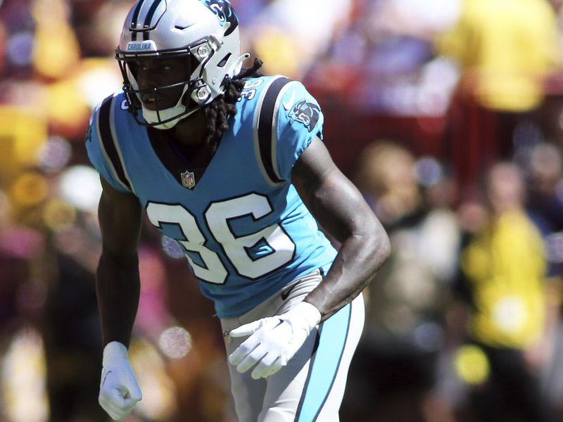 Carolina Panthers cornerback Madre Harper (36) runs during an NFL football game against the Washington Commanders, Saturday, Aug. 13, 2022 in Landover. (AP Photo/Daniel Kucin Jr.)