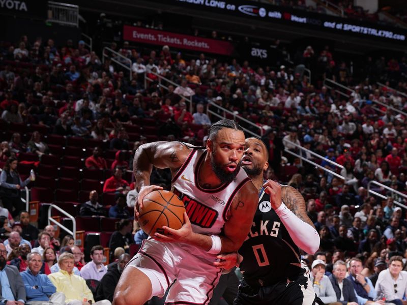 HOUSTON, TX - FEBRUARY 25: Dillon Brooks #9 of the Houston Rockets handles the ball during the game against the Milwaukee Bucks on February 25, 2025 at the Toyota Center in Houston, Texas. NOTE TO USER: User expressly acknowledges and agrees that, by downloading and or using this photograph, User is consenting to the terms and conditions of the Getty Images License Agreement. Mandatory Copyright Notice: Copyright 2025 NBAE (Photo by Garrett Ellwood/NBAE via Getty Images)