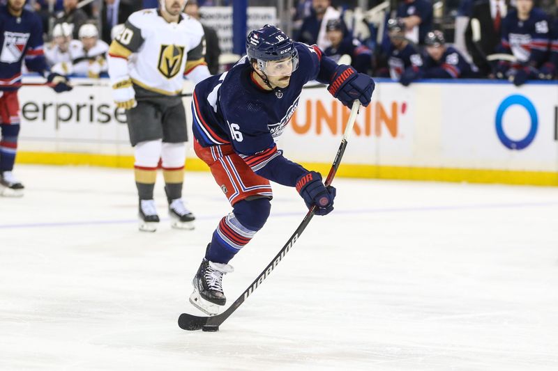 Jan 26, 2024; New York, New York, USA; New York Rangers center Vincent Trocheck (16) attempts a shot on goal in the second period against the Vegas Golden Knights at Madison Square Garden. Mandatory Credit: Wendell Cruz-USA TODAY Sports