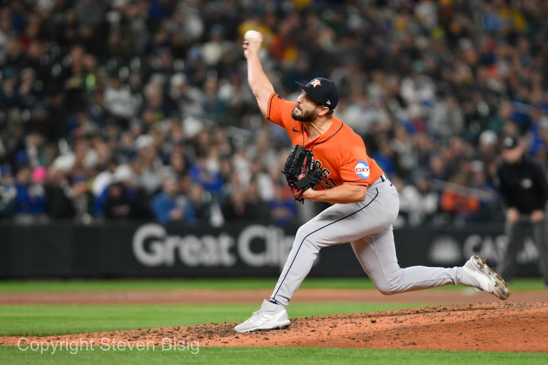 Sep 27, 2023; Seattle, Washington, USA; Houston Astros relief pitcher Kendall Graveman (31) pitches to the Seattle Mariners during the fifth inning at T-Mobile Park. Mandatory Credit: Steven Bisig-USA TODAY Sports