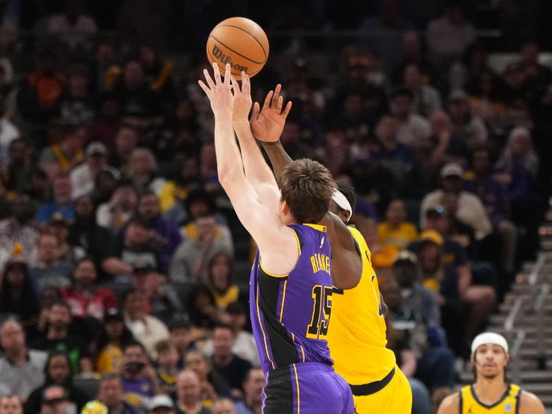 INDIANAPOLIS, IN - MARCH 29: Austin Reaves #15 of the Los Angeles Lakers shoots the ball during the game against the Indiana Pacers on March 24, 2024 at Gainbridge Fieldhouse in Indianapolis, Indiana. NOTE TO USER: User expressly acknowledges and agrees that, by downloading and or using this Photograph, user is consenting to the terms and conditions of the Getty Images License Agreement. Mandatory Copyright Notice: Copyright 2024 NBAE (Photo by Jesse D. Garrabrant /NBAE via Getty Images)