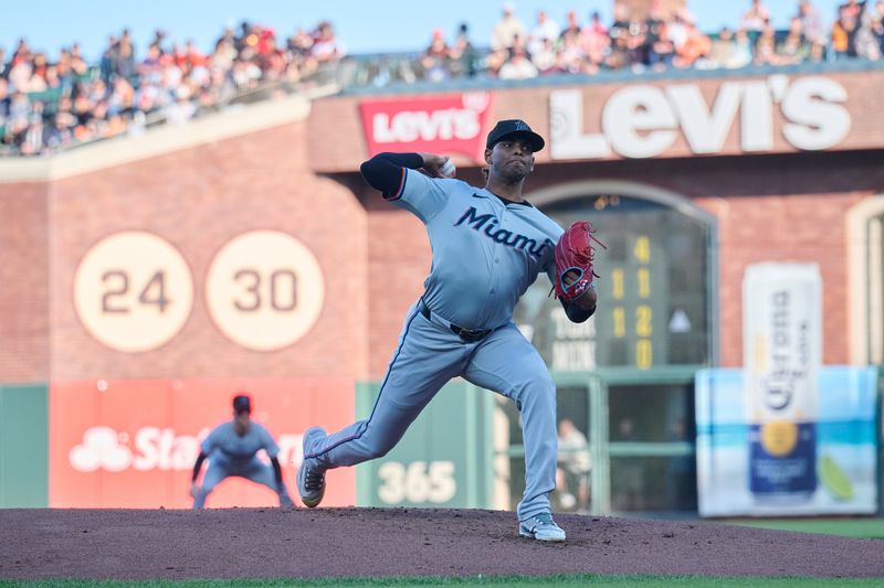 Aug 31, 2024; San Francisco, California, USA; Miami Marlins starting pitcher Edward Cabrera (27) throws a pitch against the San Francisco Giants during the first inning at Oracle Park. Mandatory Credit: Robert Edwards-USA TODAY Sports