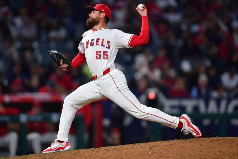 May 28, 2024; Anaheim, California, USA; Los Angeles Angels pitcher Matt Moore (55) throws against the New York Yankees during the eighth inning at Angel Stadium. Mandatory Credit: Gary A. Vasquez-USA TODAY Sports