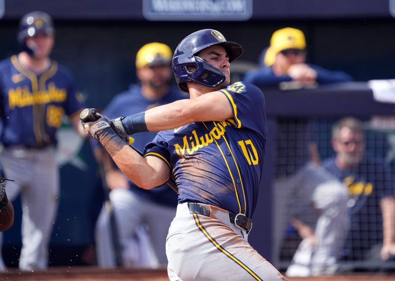 Feb 24, 2024; Peoria, Arizona, USA; Milwaukee Brewers outfielder Sal Frelick (10) bats against the San Diego Padres during the second inning of a Spring Training game at Peoria Sports Complex. Mandatory Credit: Joe Camporeale-USA TODAY Sports