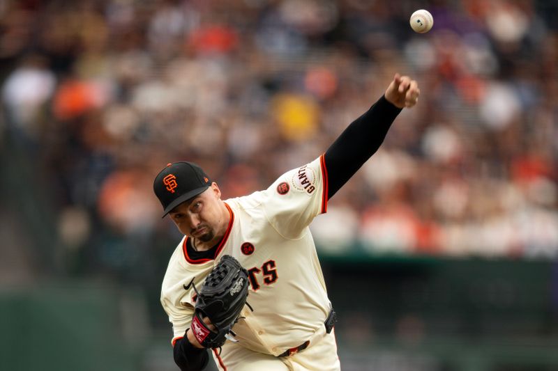 Jul 27, 2024; San Francisco, California, USA; San Francisco Giants starting pitcher Blake Snell (7) delivers a pitch against the Colorado Rockies during the first inning at Oracle Park. Mandatory Credit: D. Ross Cameron-USA TODAY Sports