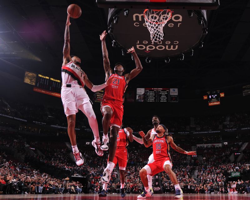 PORTLAND, OR - OCTOBER 27: Anfernee Simons #1 of the Portland Trail Blazers shoots the ball during the game against the New Orleans Pelicans on October 27, 2024 at the Moda Center Arena in Portland, Oregon. NOTE TO USER: User expressly acknowledges and agrees that, by downloading and or using this photograph, user is consenting to the terms and conditions of the Getty Images License Agreement. Mandatory Copyright Notice: Copyright 2024 NBAE (Photo by Cameron Browne/NBAE via Getty Images)