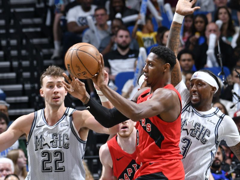 ORLANDO, FL - MARCH 2: RJ Barrett #9 of the Toronto Raptors passes the ball during the game against the Orlando Magic on March 2, 2025 at Kia Center in Orlando, Florida. NOTE TO USER: User expressly acknowledges and agrees that, by downloading and or using this photograph, User is consenting to the terms and conditions of the Getty Images License Agreement. Mandatory Copyright Notice: Copyright 2025 NBAE (Photo by Fernando Medina/NBAE via Getty Images)