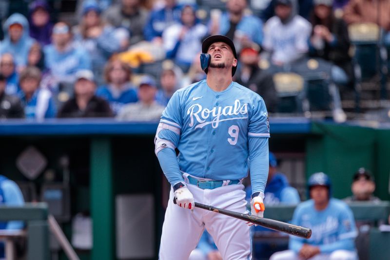 Apr 16, 2023; Kansas City, Missouri, USA; Kansas City Royals first baseman Vinnie Pasquantino (9) watches a pop fly during the first inning against the Atlanta Braves at Kauffman Stadium. Mandatory Credit: William Purnell-USA TODAY Sports