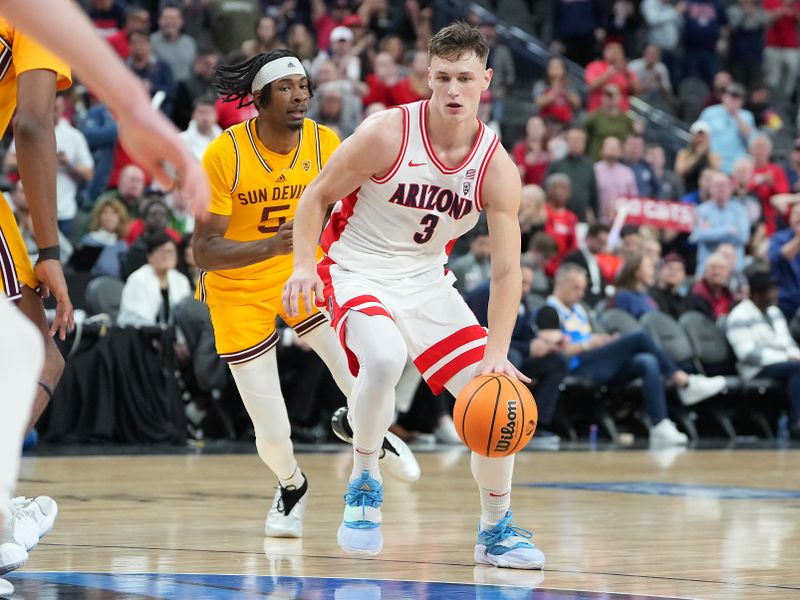 Mar 10, 2023; Las Vegas, NV, USA; Arizona Wildcats guard Pelle Larsson (3) dribbles ahead of Arizona State Sun Devils forward Jamiya Neal (5) during the second half at T-Mobile Arena. Mandatory Credit: Stephen R. Sylvanie-USA TODAY Sports