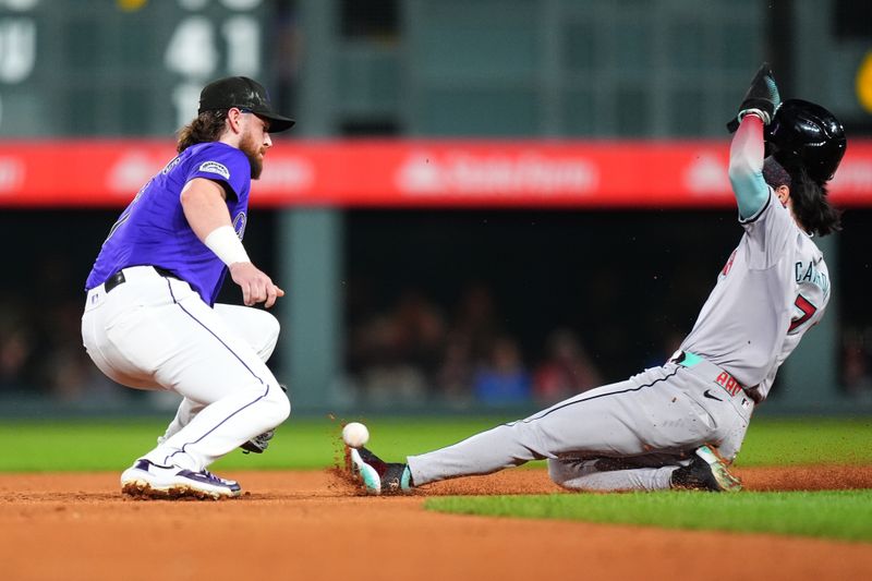 Sep 16, 2024; Denver, Colorado, USA; Colorado Rockies second base Brendan Rodgers (7) prepares to field the ball as Arizona Diamondbacks outfielder Corbin Carroll (7) attempts to steal second in the third inning at Coors Field. Mandatory Credit: Ron Chenoy-Imagn Images