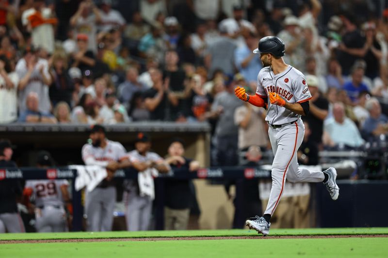 Sep 7, 2024; San Diego, California, USA; San Francisco Giants center fielder Grant McCray (58) runs after hitting a two run home run against the San Diego Padres during the ninth inning at Petco Park. Mandatory Credit: Chadd Cady-Imagn Images